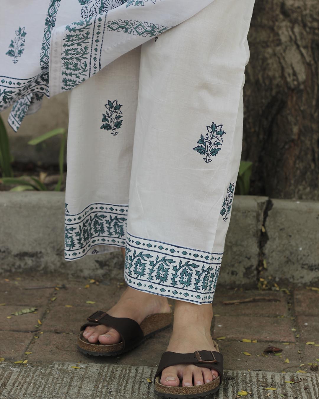 Handblock printed Green contrast kurta set