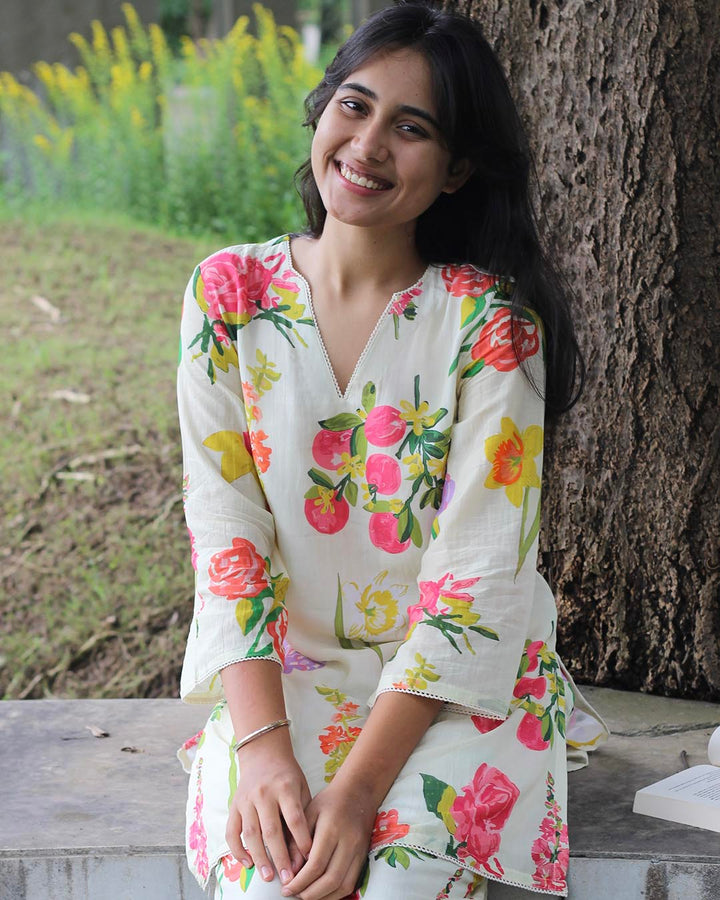 Printed Mul Chanderi Floral Co-ord Set - set of 2