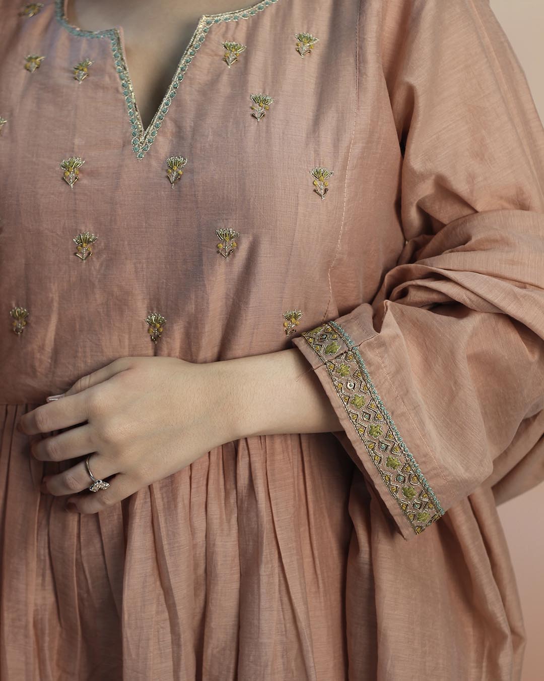 Peach Pink Mul Chanderi Suit set- Set of 3
