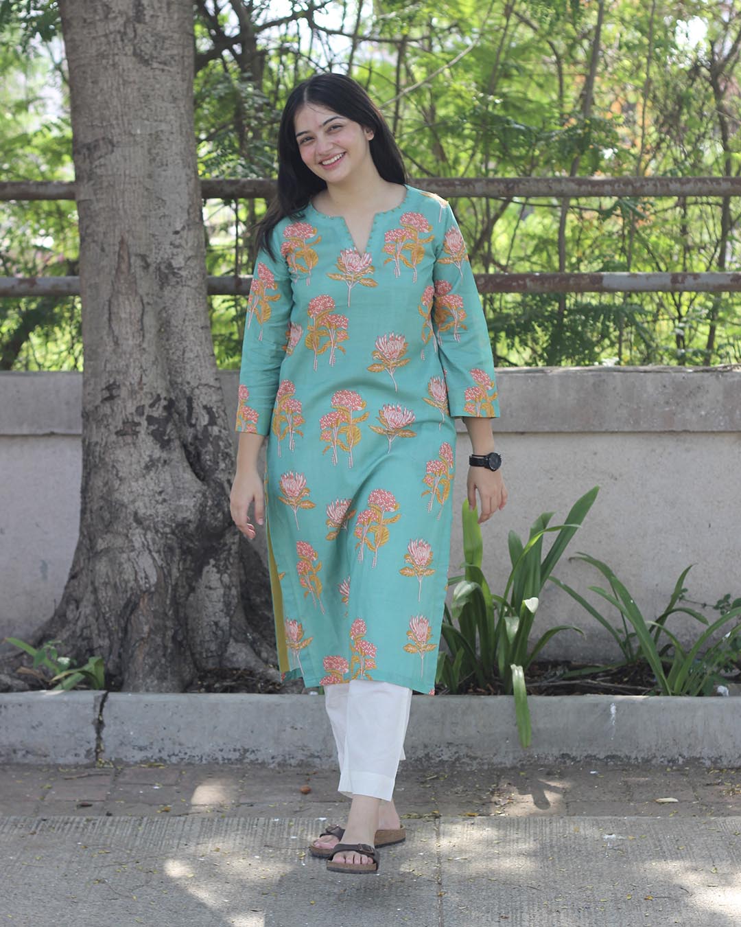 Pastel Mint Printed Cotton kurta with Handwork detail