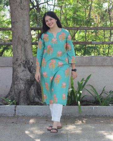 Pastel Mint Printed Cotton kurta with Handwork detail
