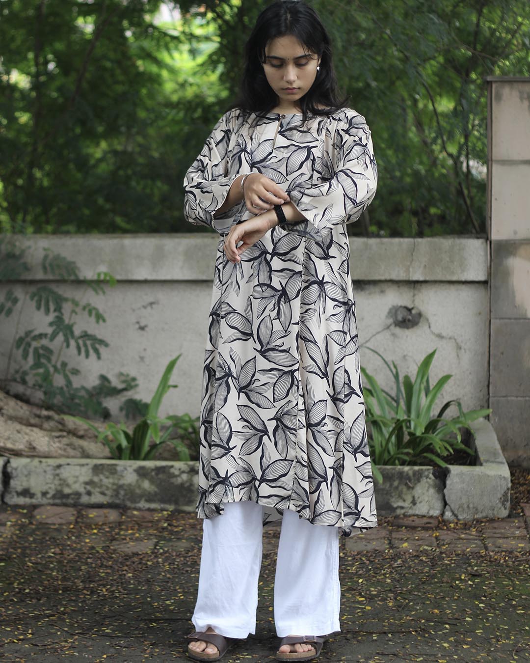 Black-White contrast floral Kurta in Pure Cotton