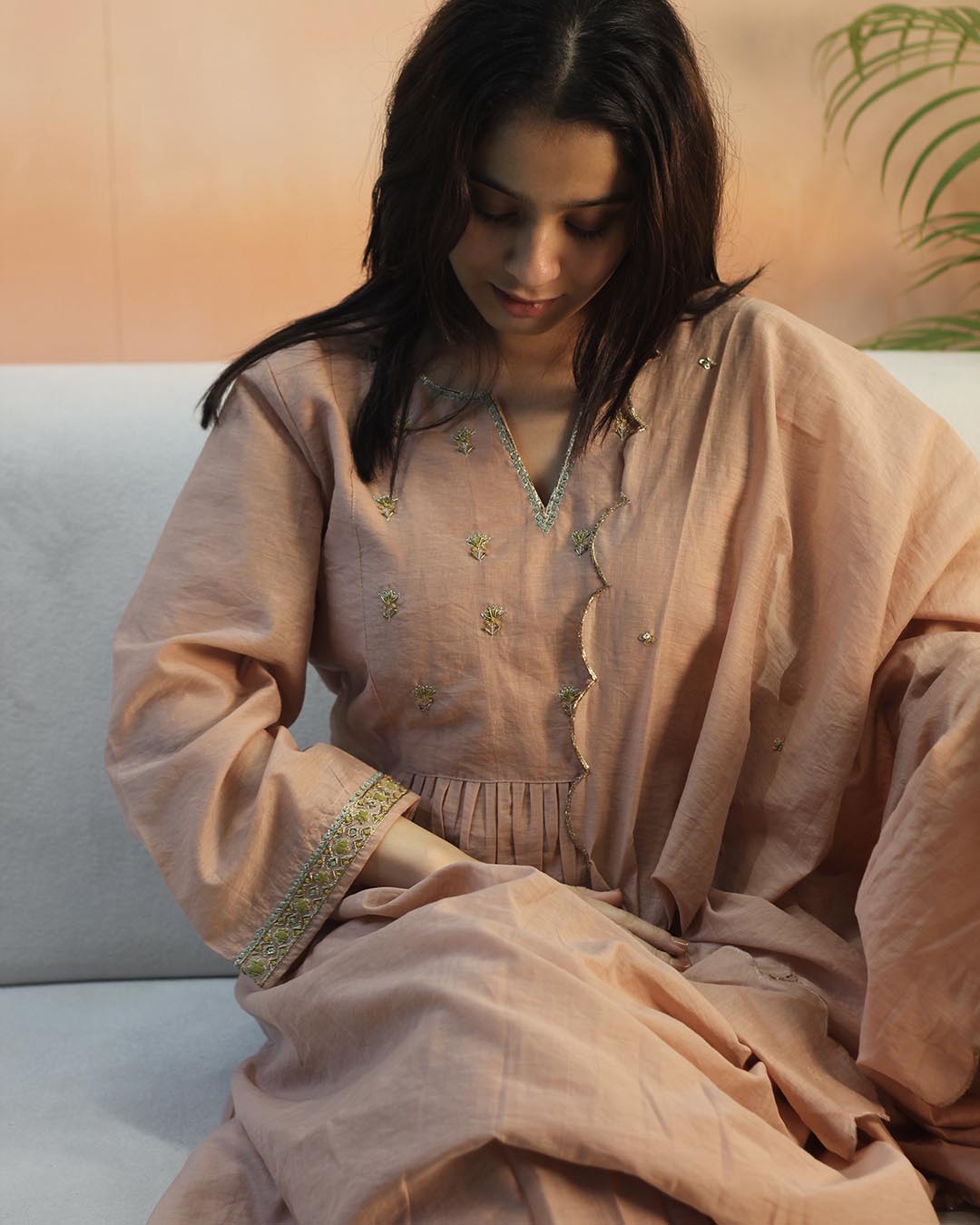 Peach Pink Mul Chanderi Suit set- Set of 3