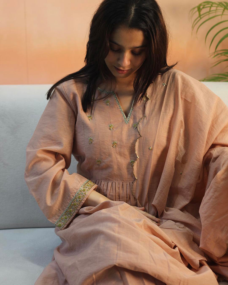 Peach Pink Mul Chanderi Suit set- Set of 3