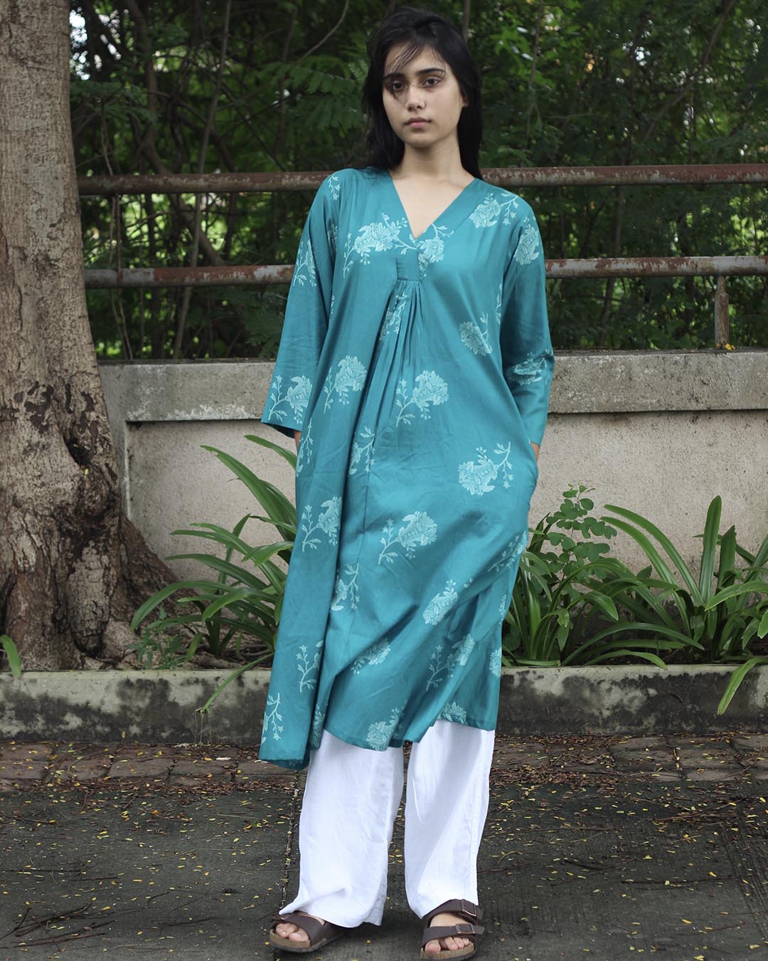 Teal Printed Long Kurta in Pure Cotton