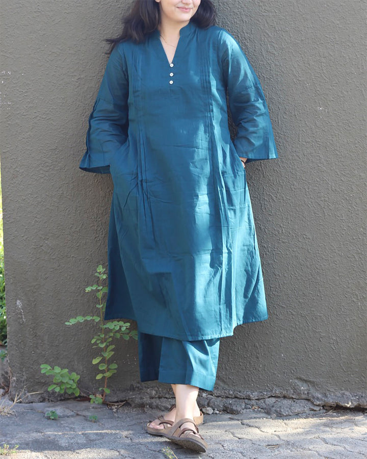 Teal Blue Pleated Cotton Kurta Set- Set of 2