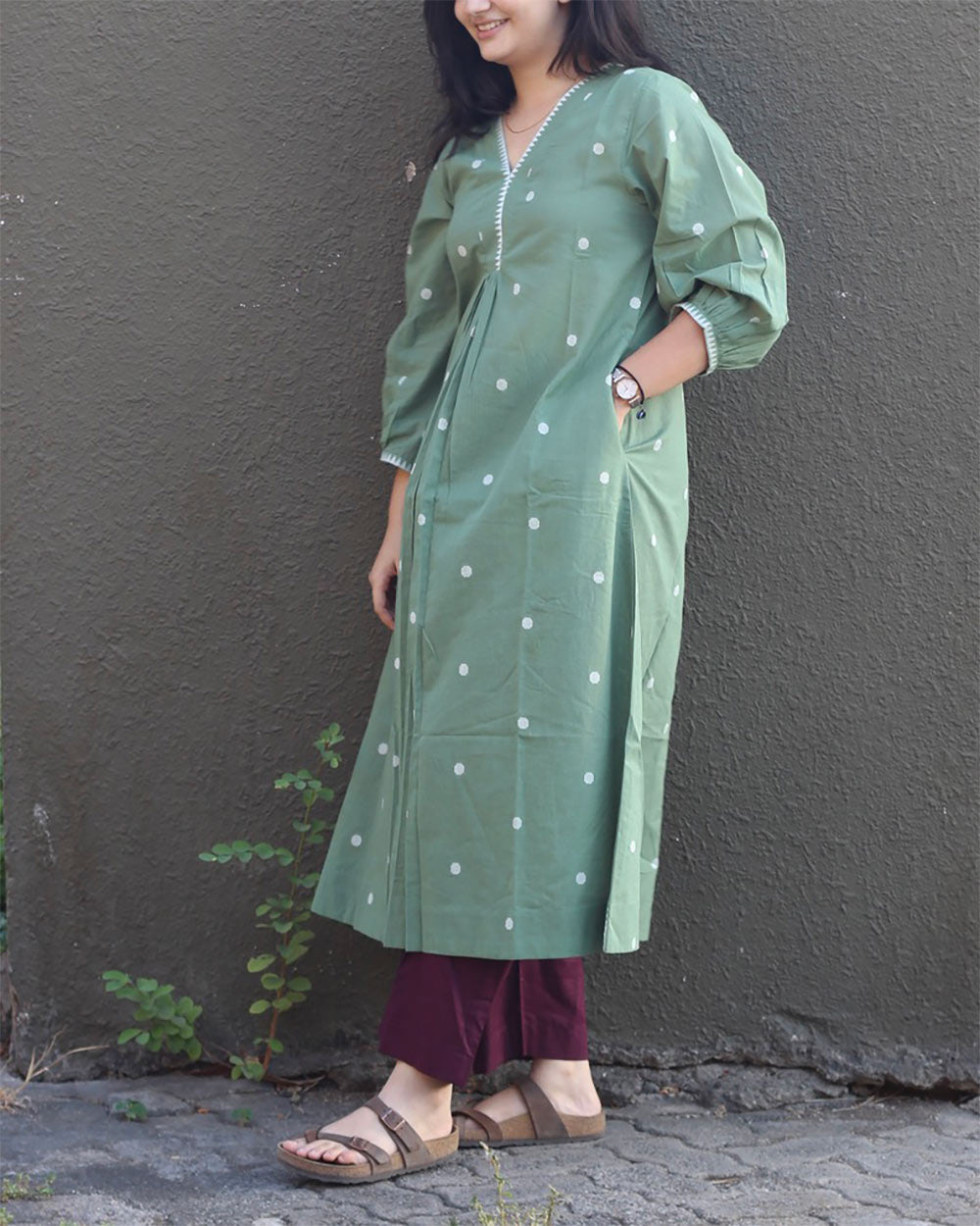Jamdhani Polka Long Kurta - Green