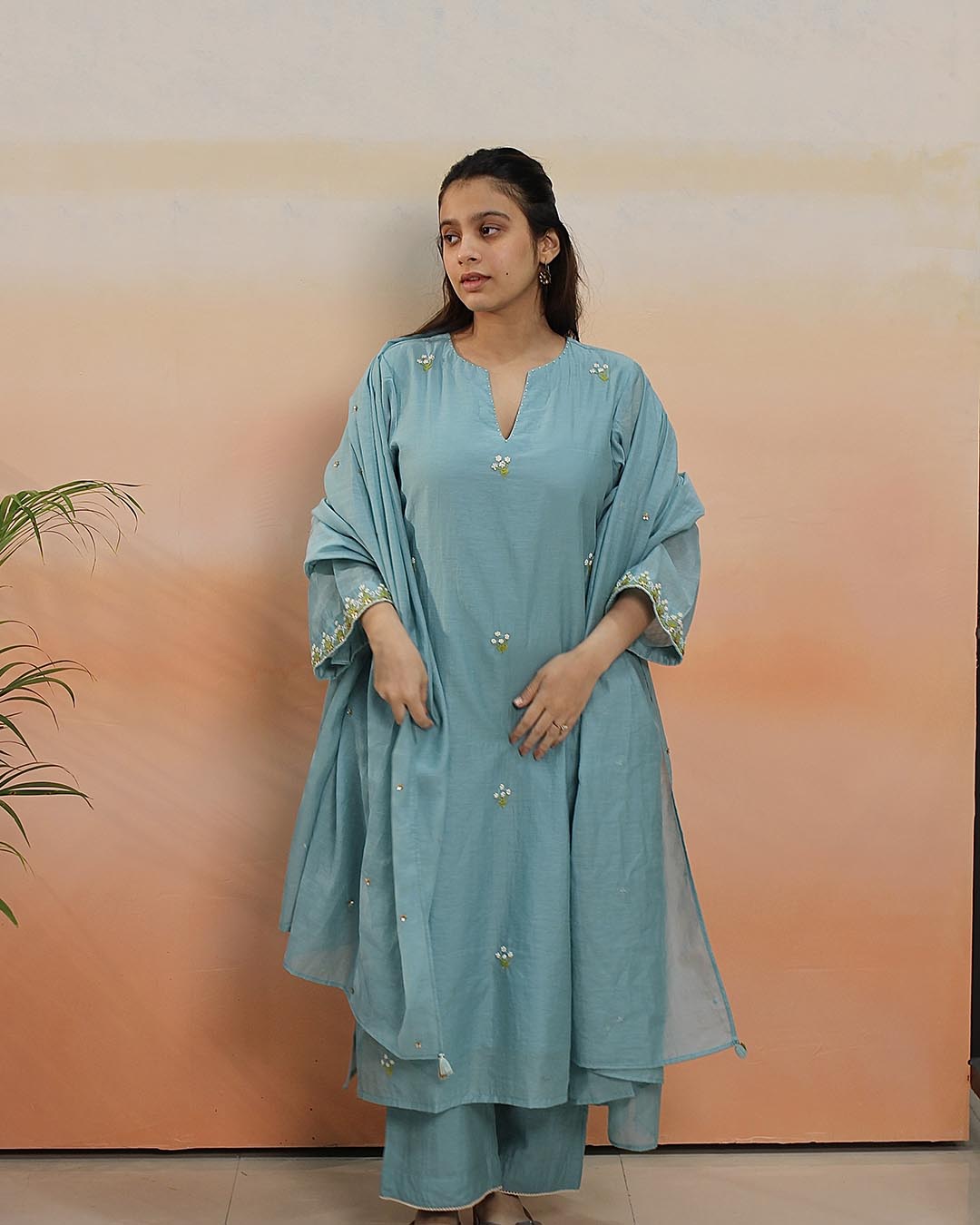 Sky blue Mul Chanderi Suit Set- Set of 3