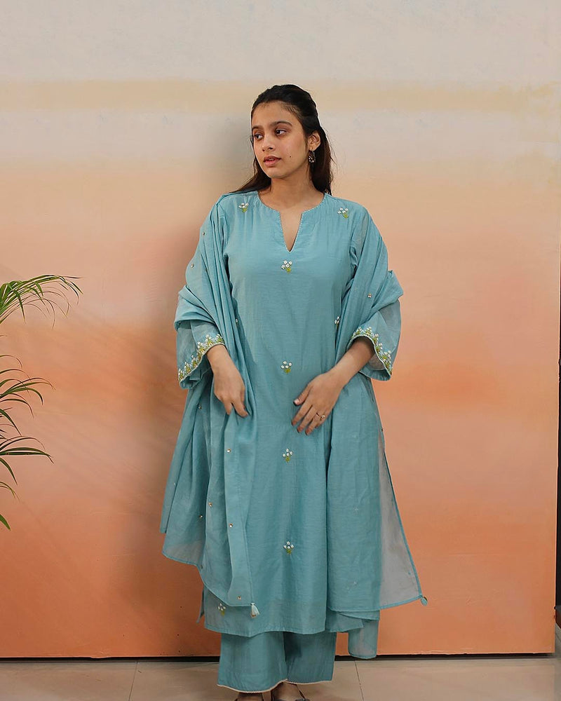 Sky blue Mul Chanderi Suit Set- Set of 3