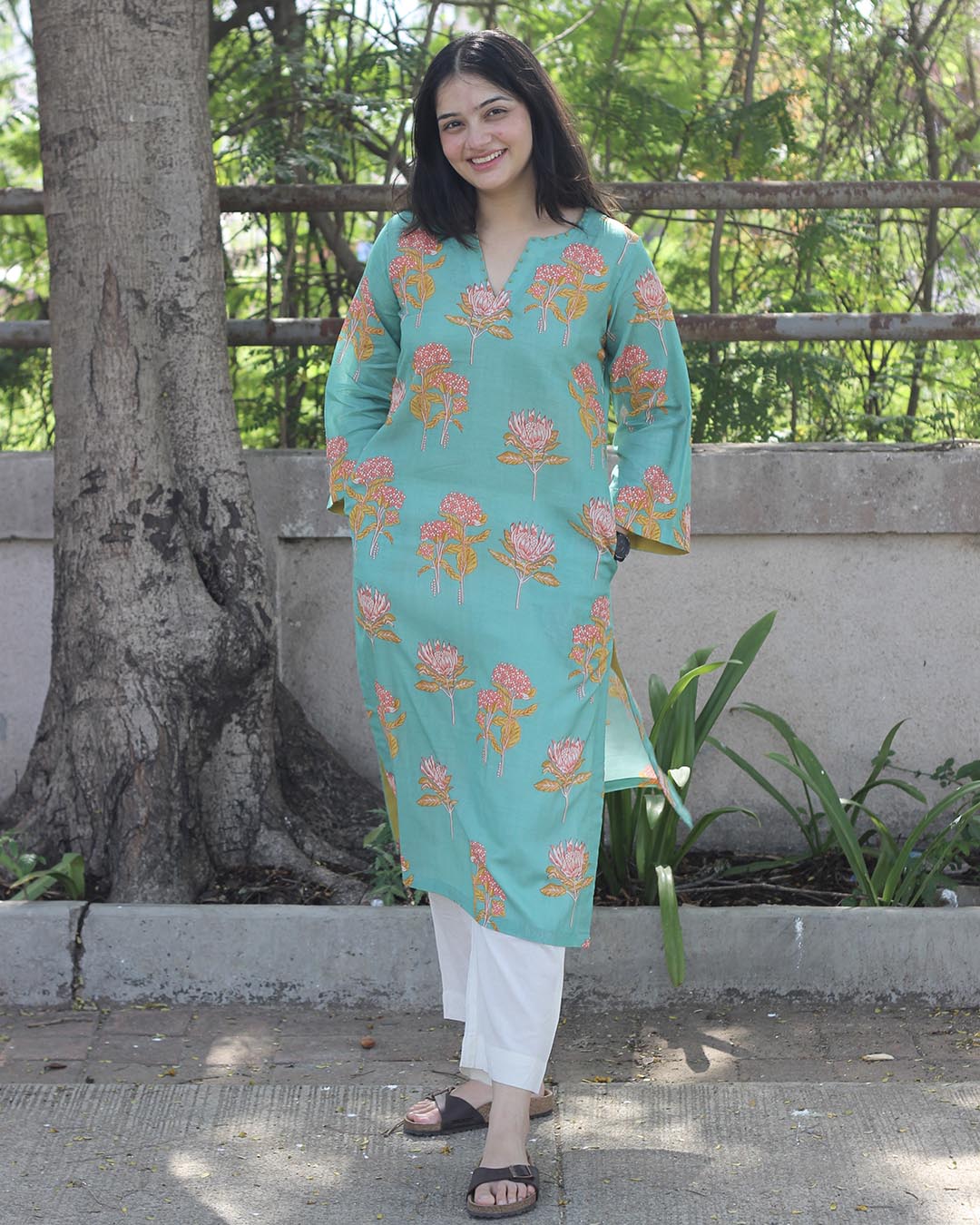 Pastel Mint Printed Cotton kurta with Handwork detail