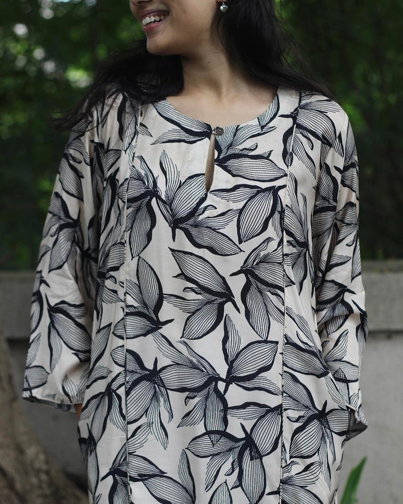 Black-White contrast floral Kurta in Pure Cotton