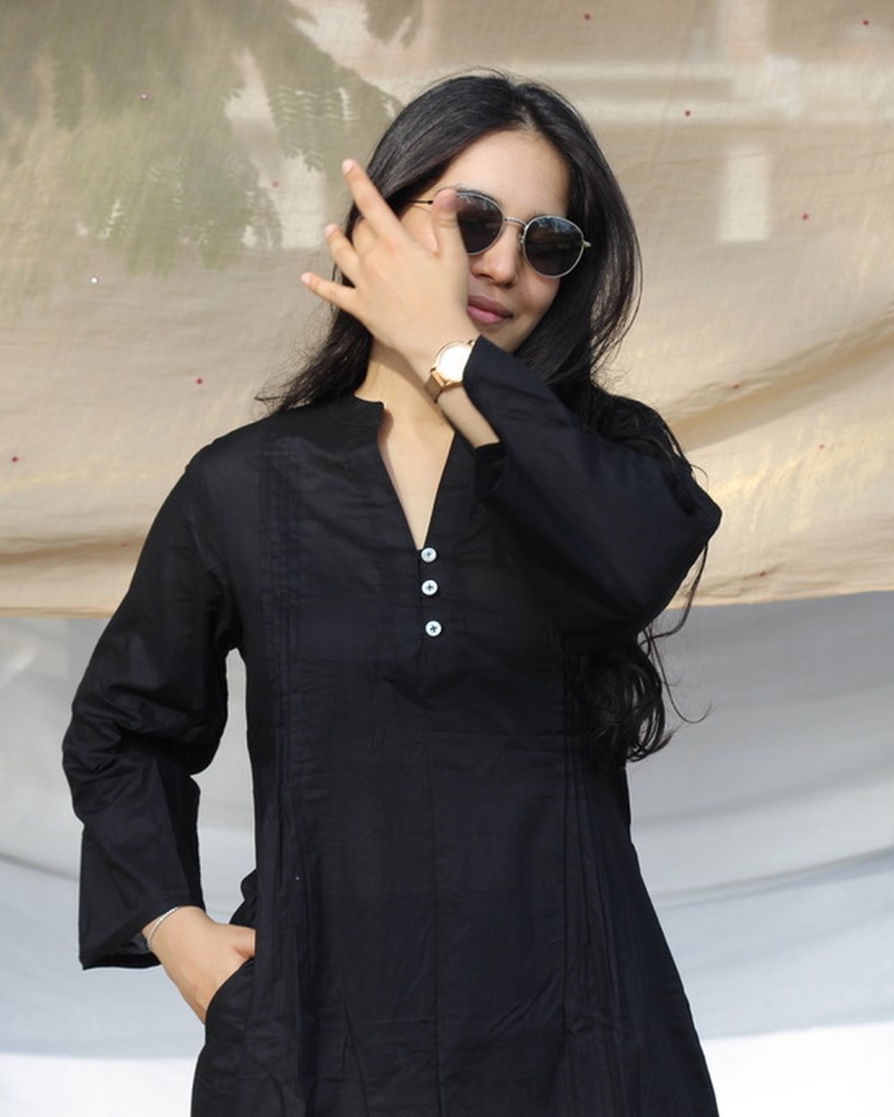 Black Pleated Cotton Kurta Set - Set of 2