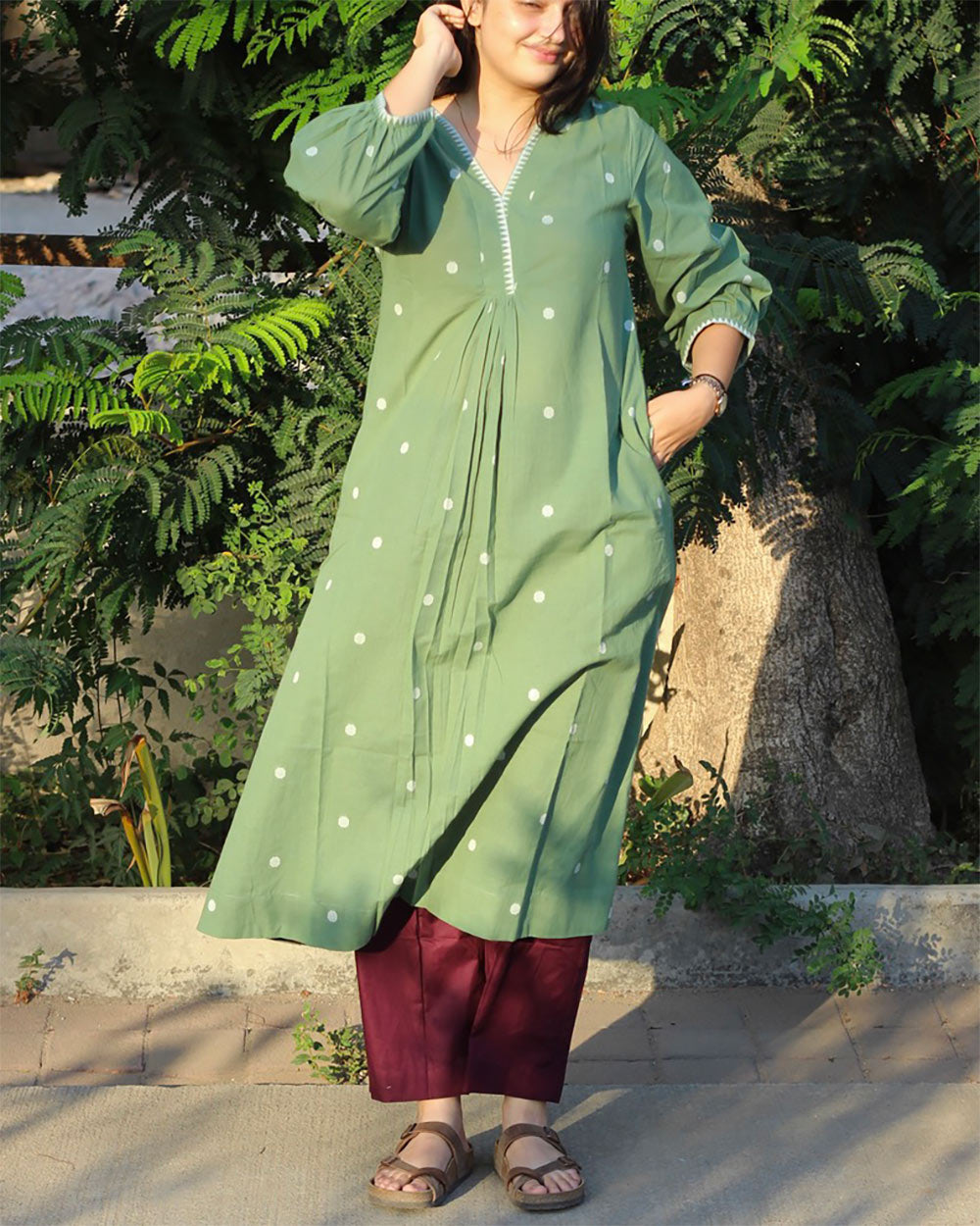 Jamdhani Polka Long Kurta - Green