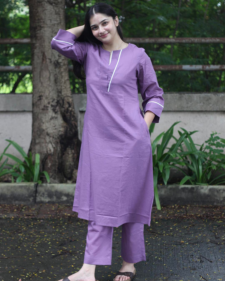 Lavender Pure Cotton Kurta Set- Set of 2