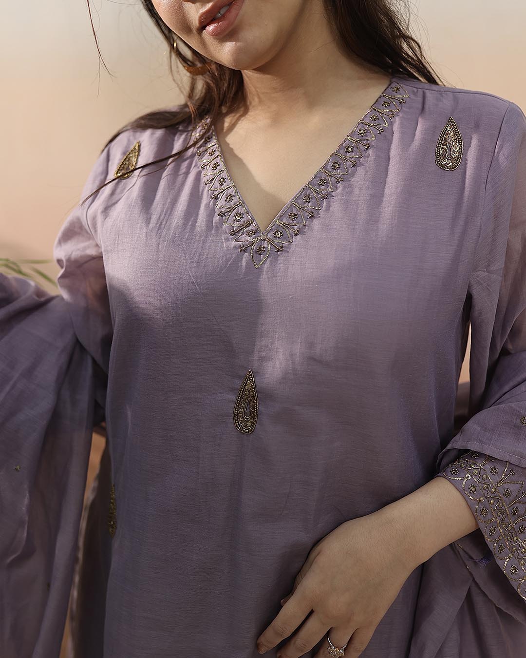 Mauve Mul Chanderi Suit Set- Set of 3
