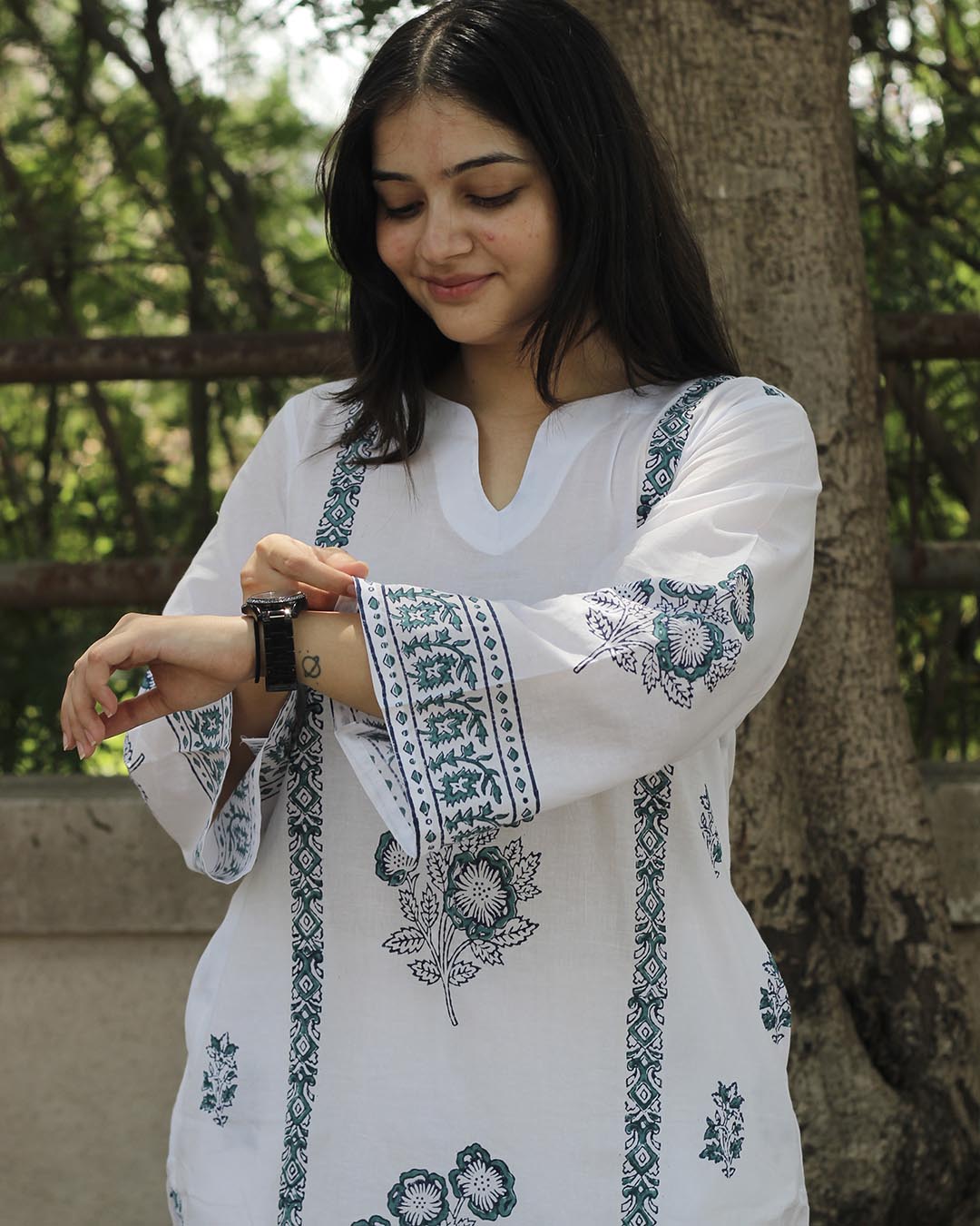 Handblock printed Green contrast kurta set