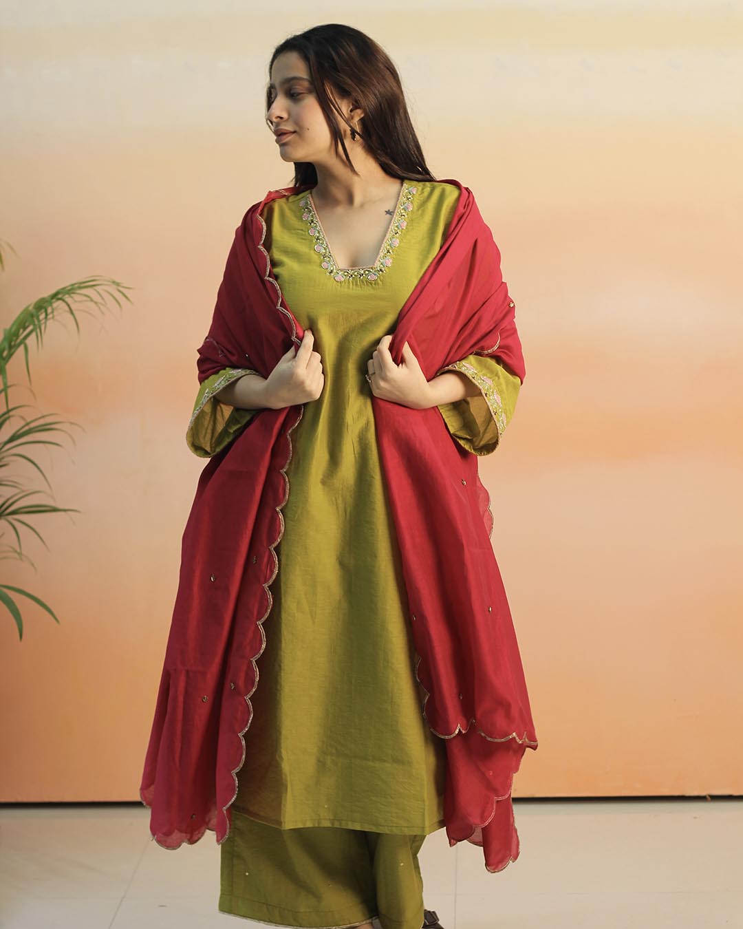 Pear Green Mul Chanderi Suit Set- Set of 3