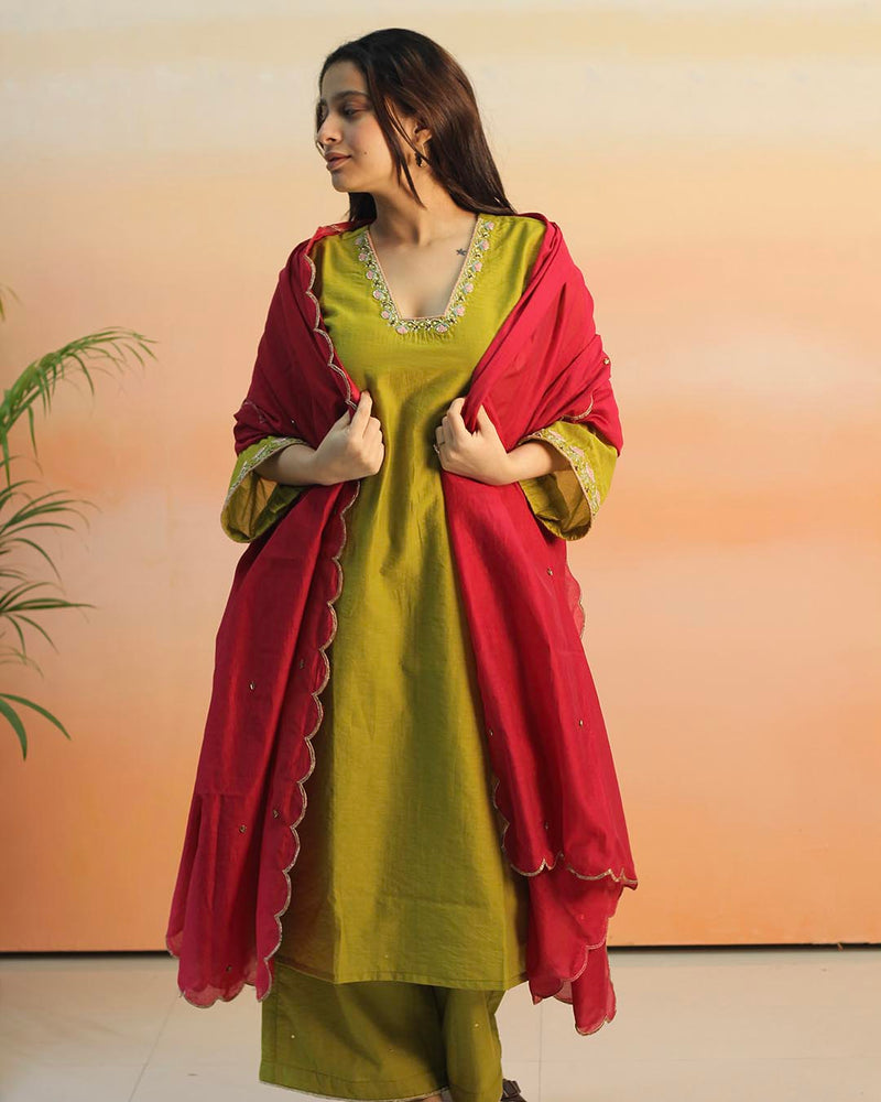 Pear Green Mul Chanderi Suit Set- Set of 3