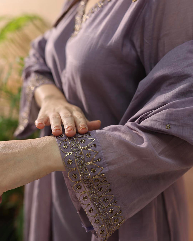 Mauve Mul Chanderi Suit Set- Set of 3