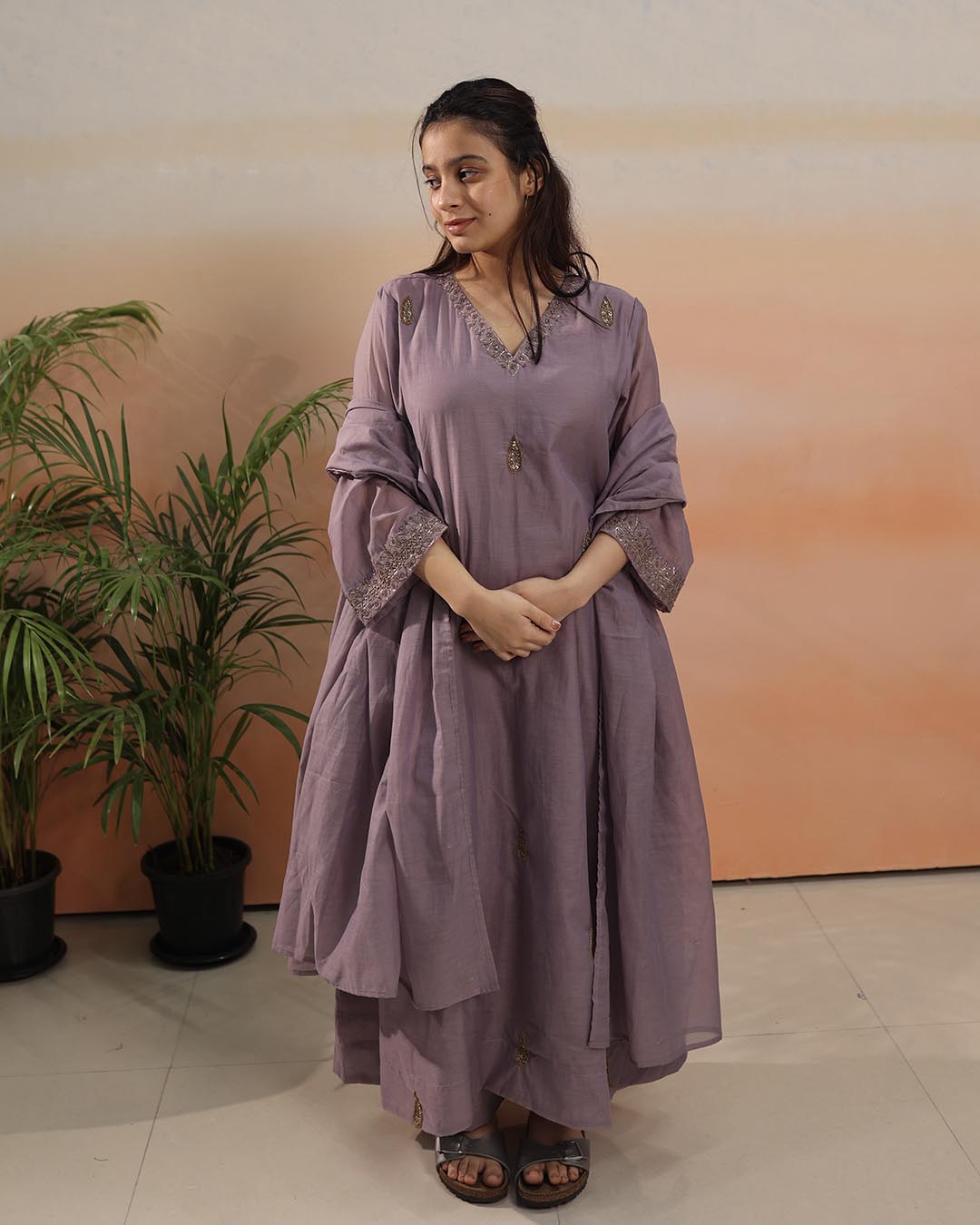 Mauve Mul Chanderi Suit Set- Set of 3
