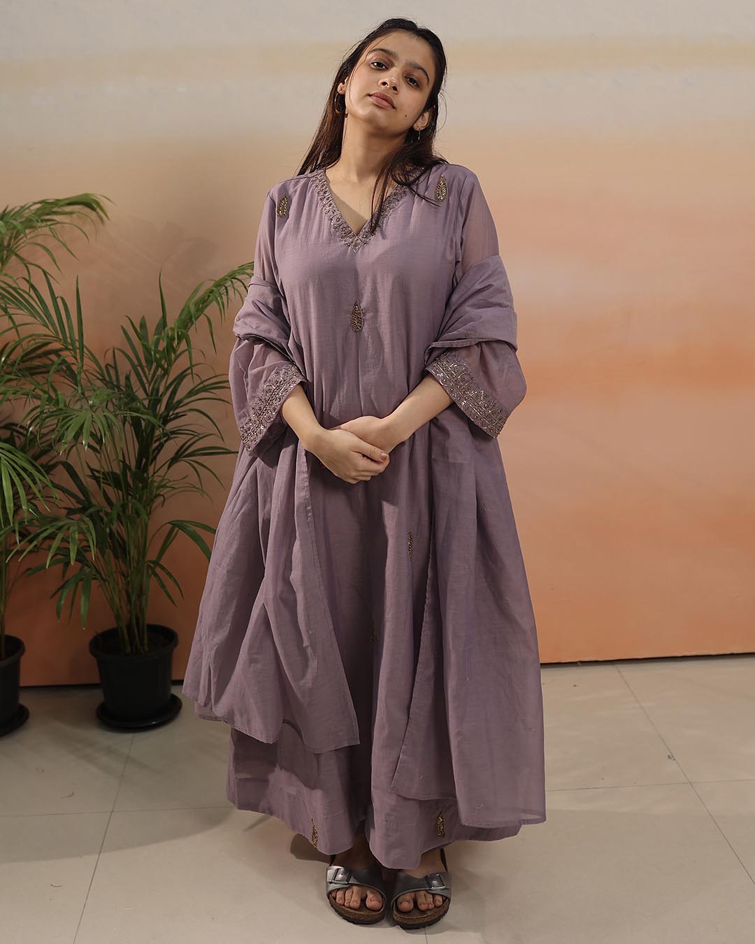 Mauve Mul Chanderi Suit Set- Set of 3
