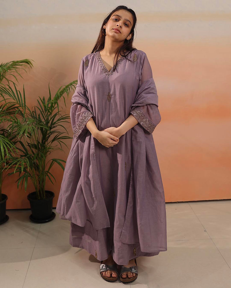 Mauve Mul Chanderi Suit Set- Set of 3