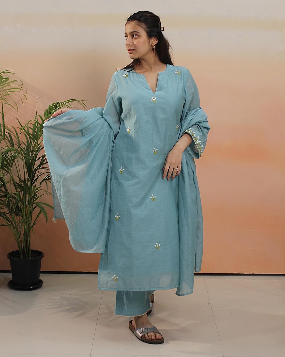 Sky blue Mul Chanderi Suit Set- Set of 3