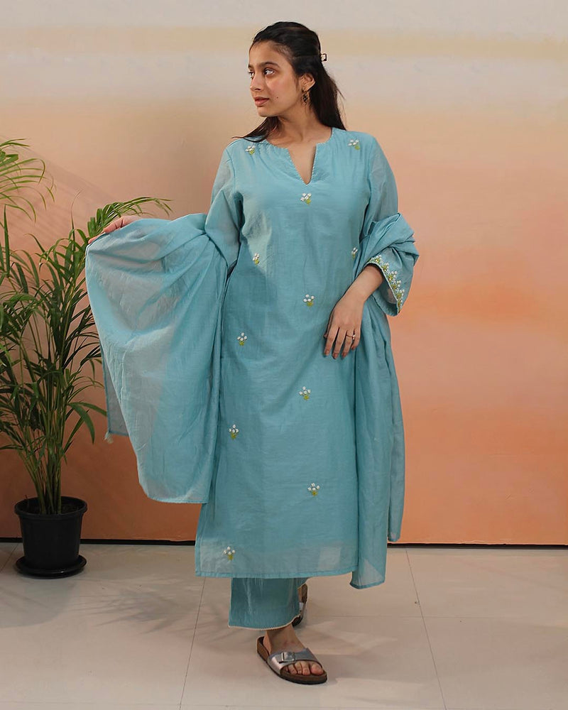 Sky blue Mul Chanderi Suit Set- Set of 3