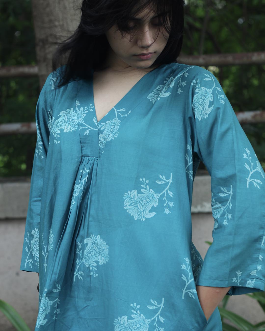 Teal Printed Long Kurta in Pure Cotton