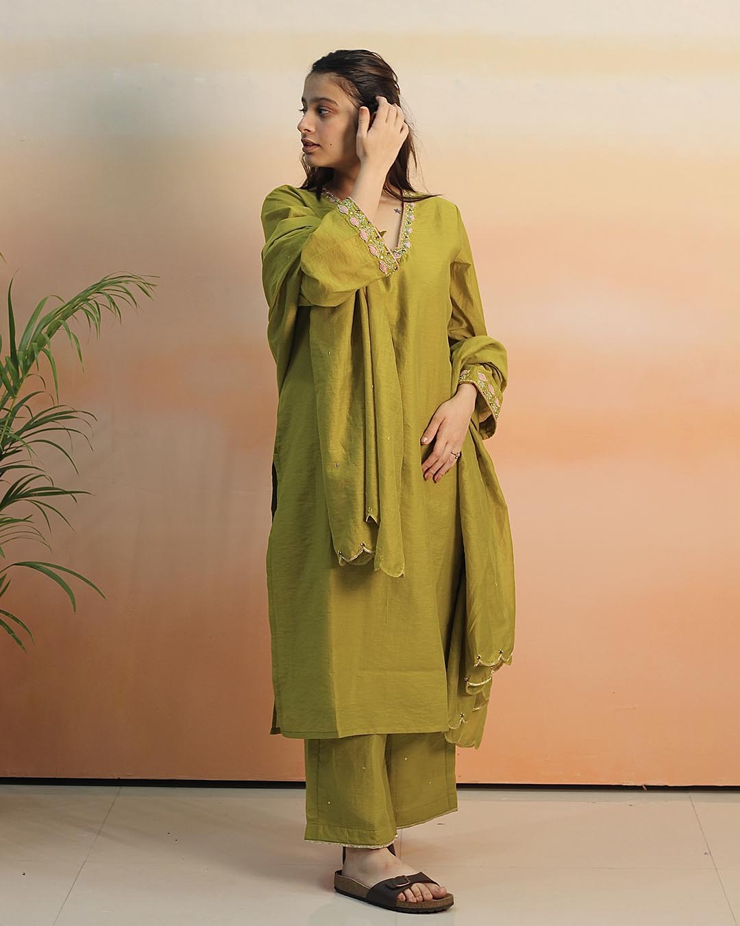 Pear Green Mul Chanderi Suit Set- Set of 3