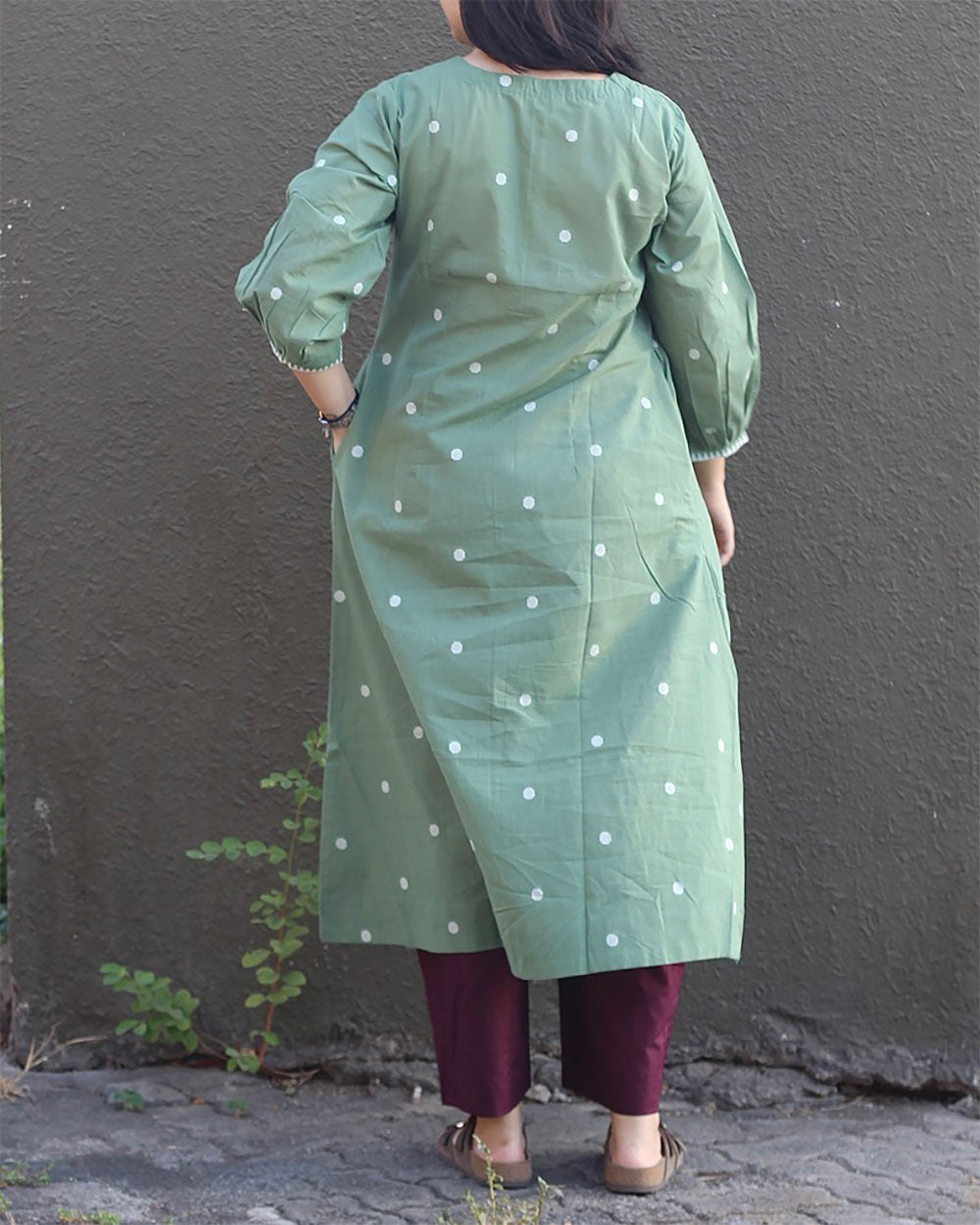 Jamdhani Polka Long Kurta - Green