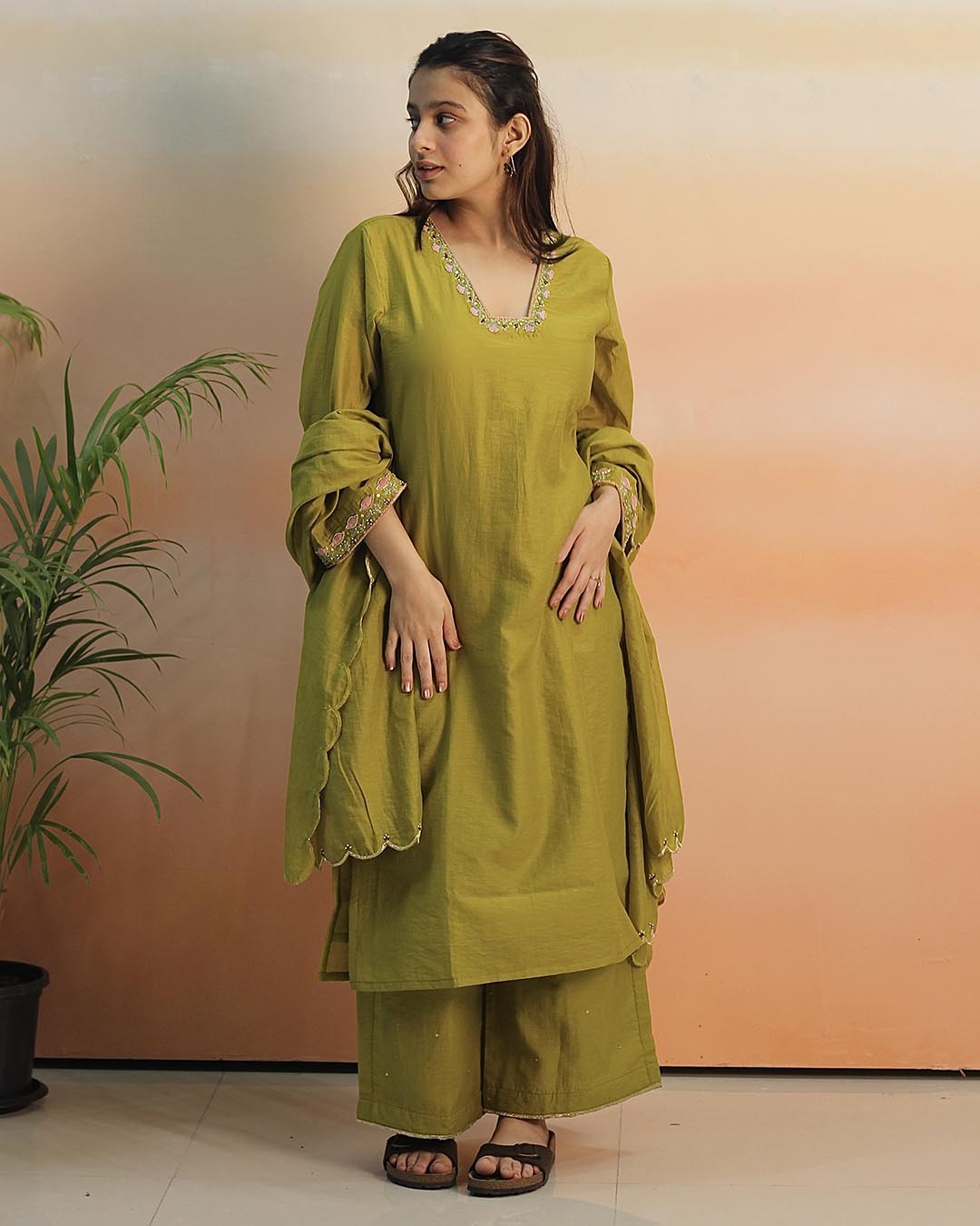 Pear Green Mul Chanderi Suit Set- Set of 3