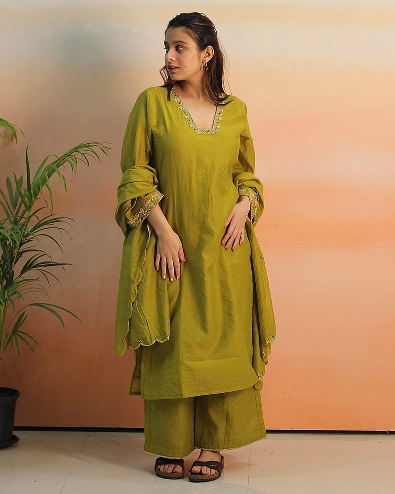 Pear Green Mul Chanderi Suit Set- Set of 3