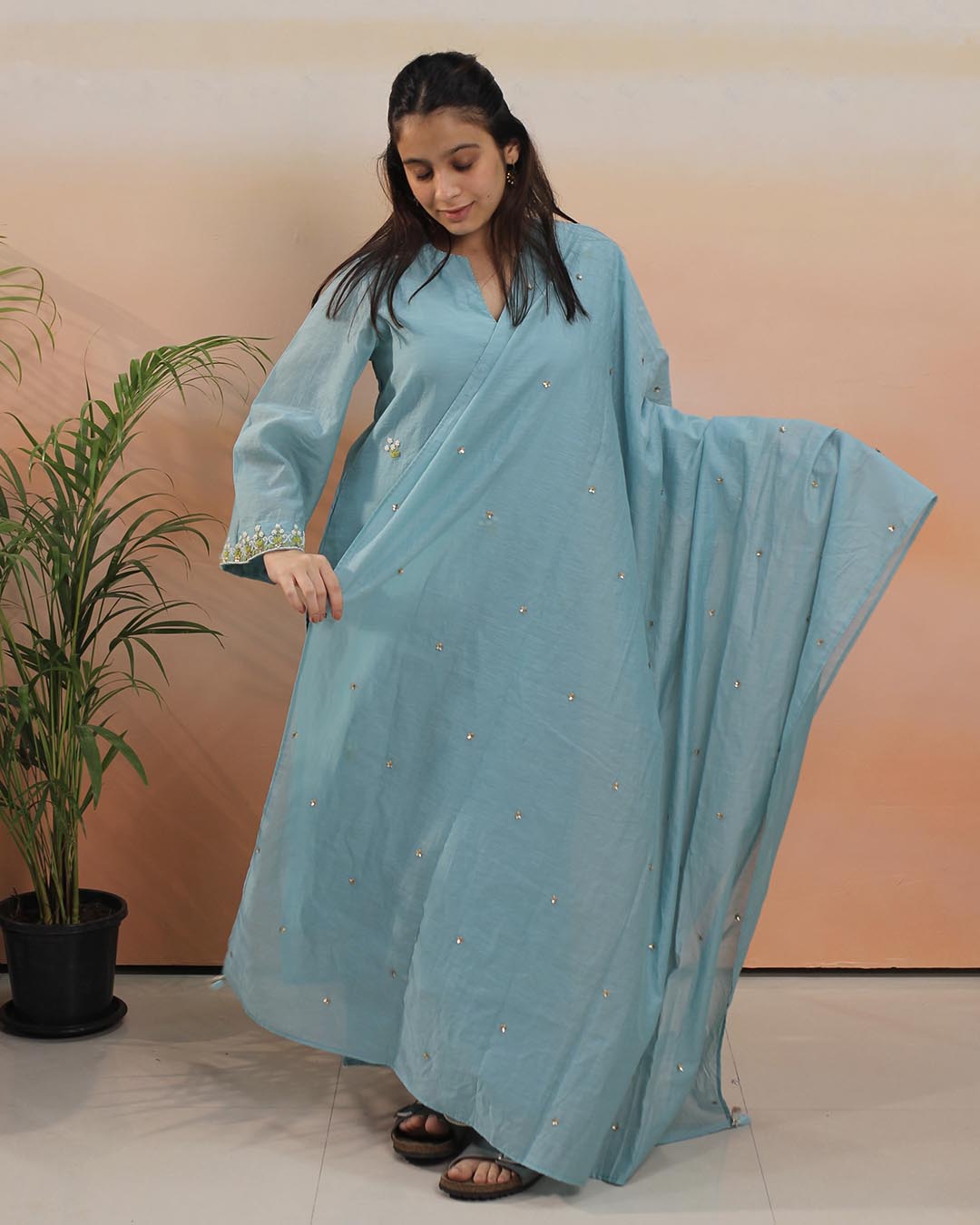 Sky blue Mul Chanderi Suit Set- Set of 3