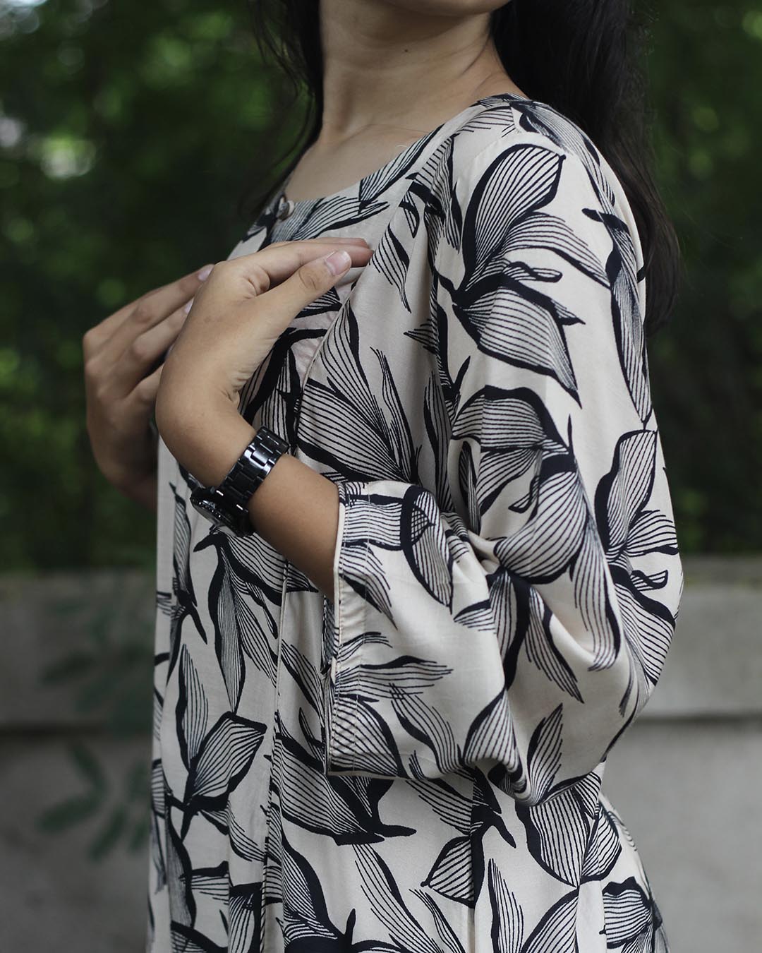 Black-White contrast floral Kurta in Pure Cotton