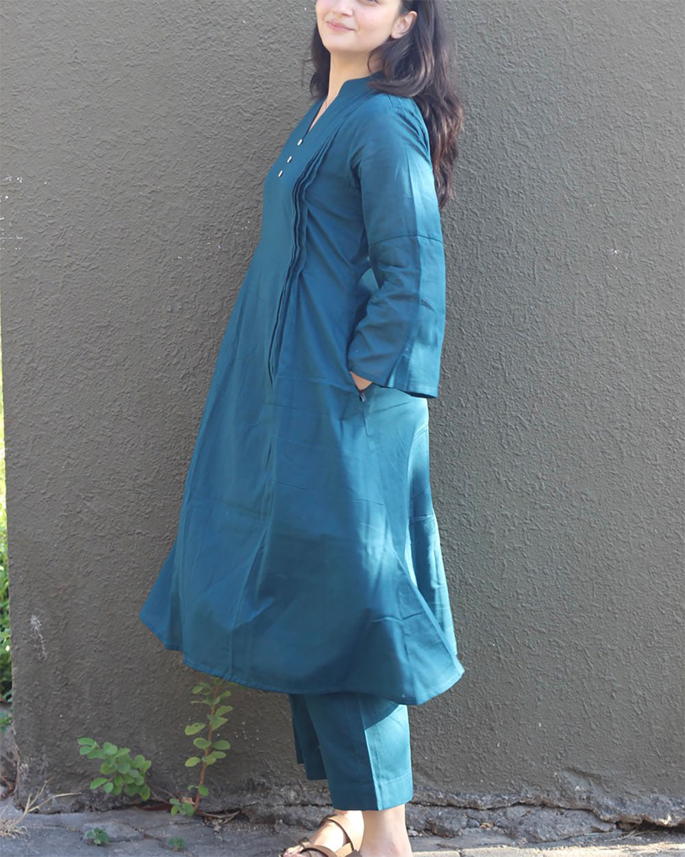 Teal Blue Pleated Cotton Kurta Set- Set of 2