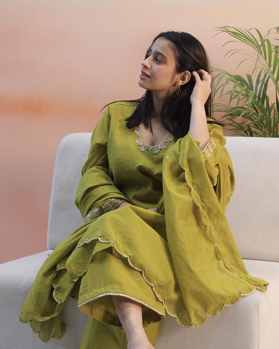 Pear Green Mul Chanderi Suit Set- Set of 3