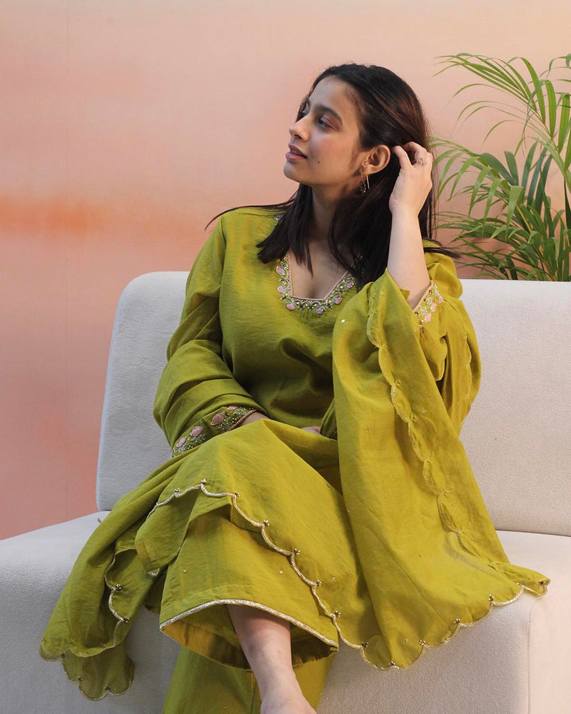 Pear Green Mul Chanderi Suit Set- Set of 3
