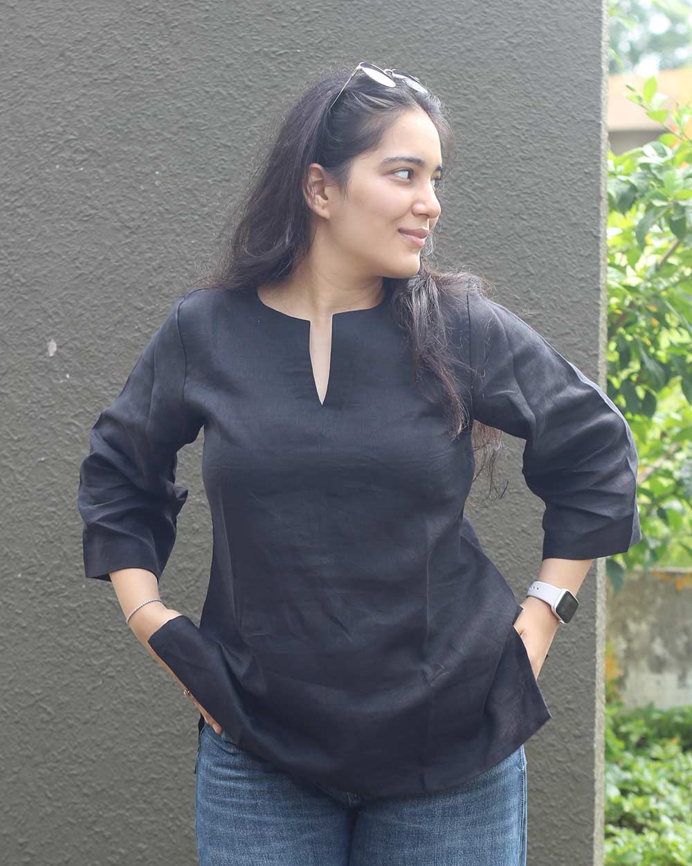 Black Linen Short Kurta