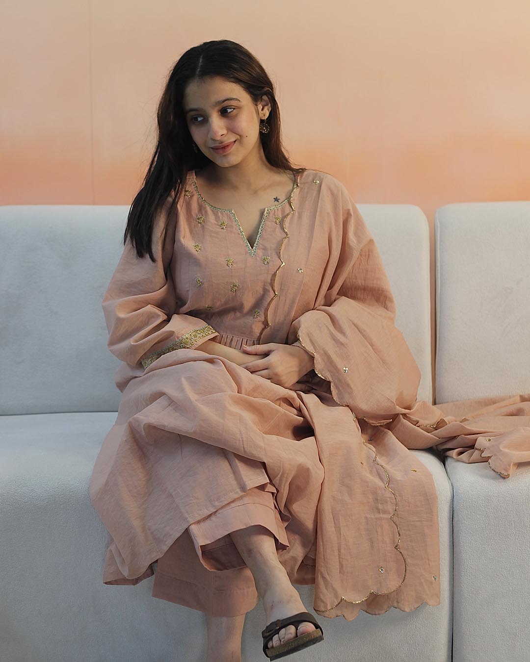 Peach Pink Mul Chanderi Suit set- Set of 3