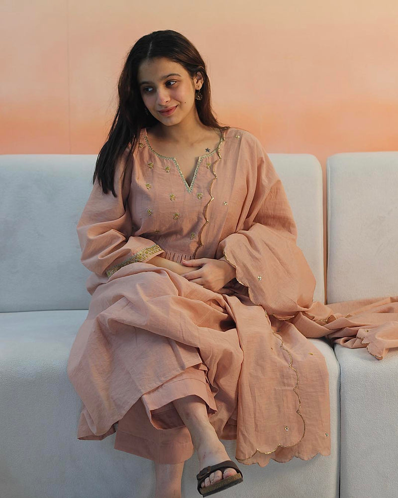 Peach Pink Mul Chanderi Suit set- Set of 3