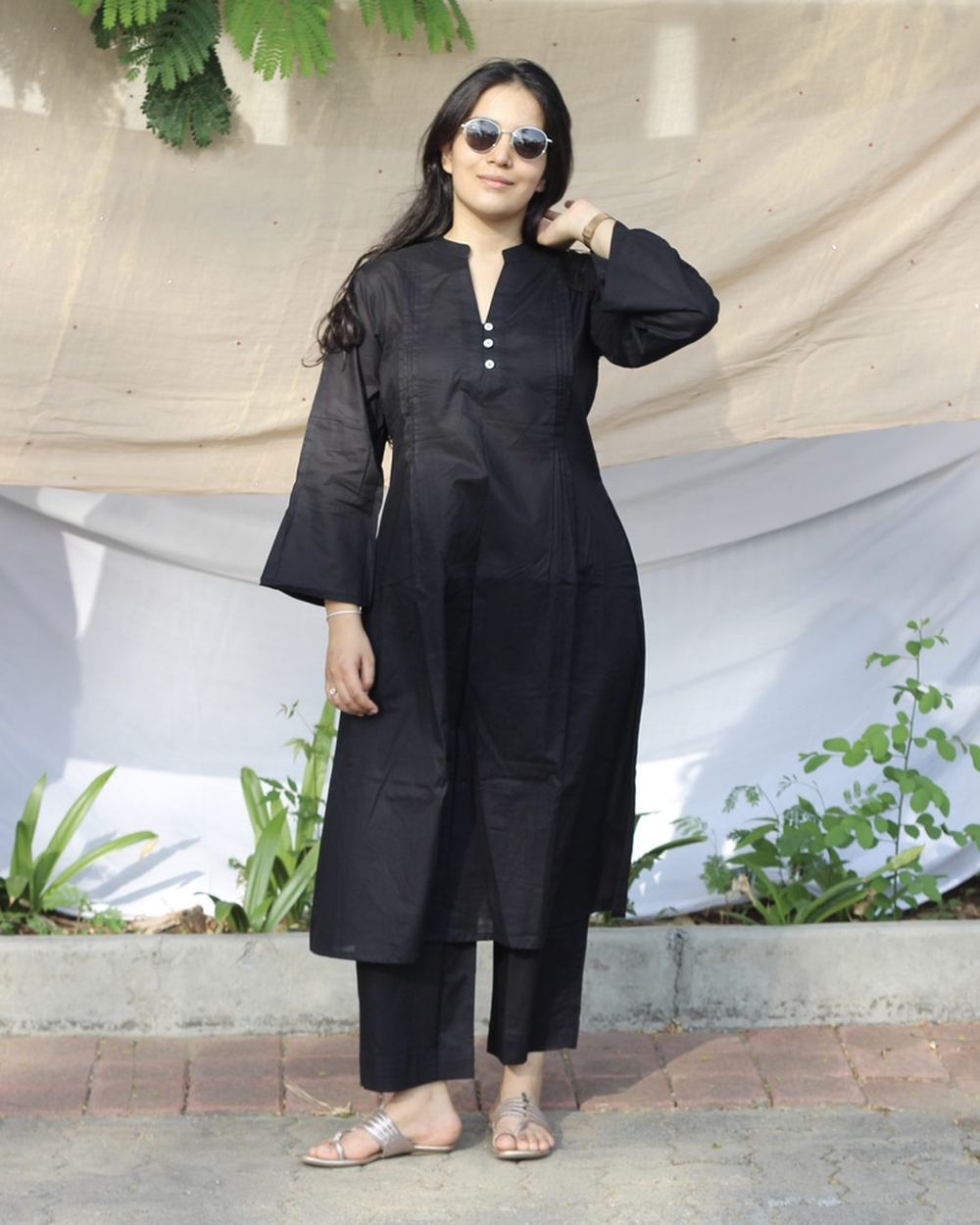 Black Pleated Cotton Kurta Set - Set of 2