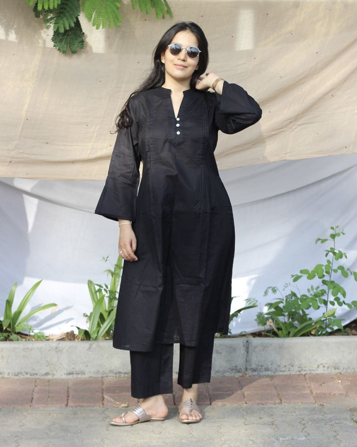 Black Pleated Cotton Kurta Set - Set of 2