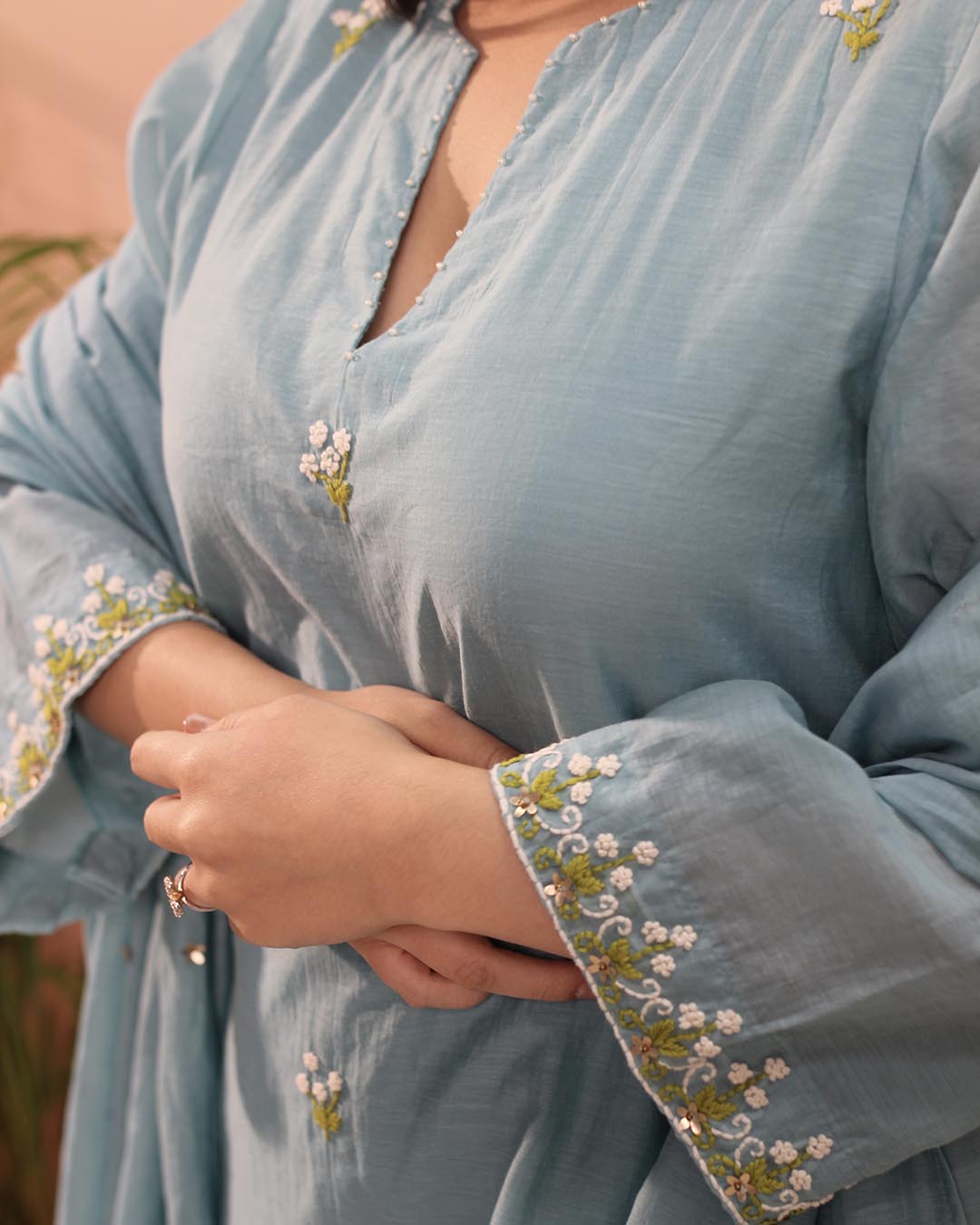 Sky blue Mul Chanderi Suit Set- Set of 3