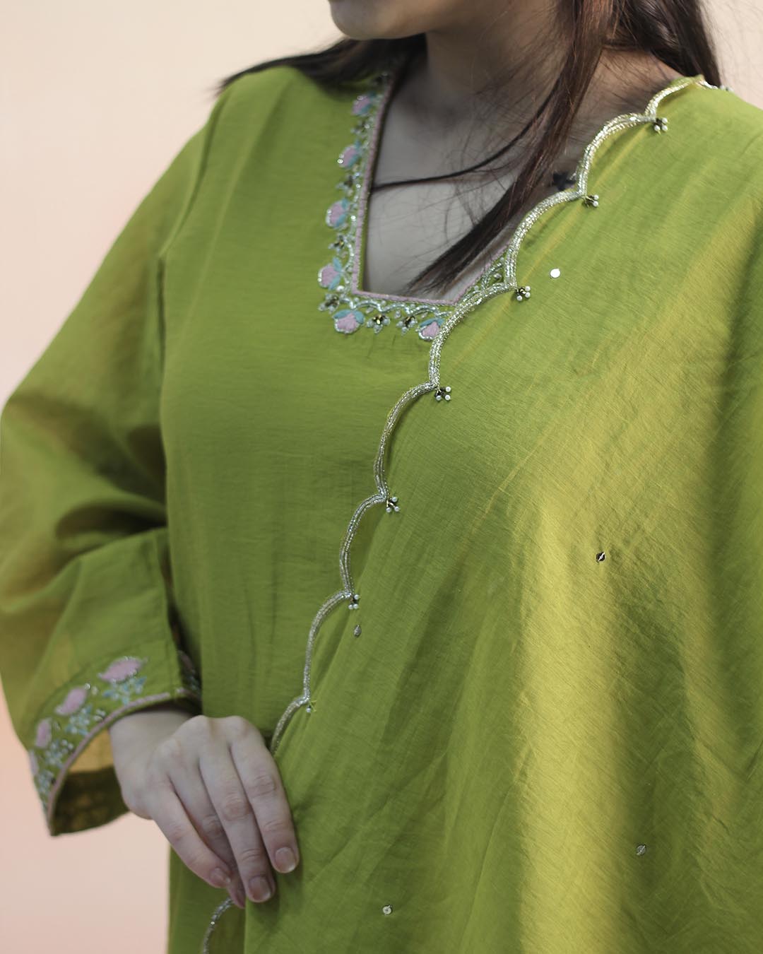 Pear Green Mul Chanderi Suit Set- Set of 3