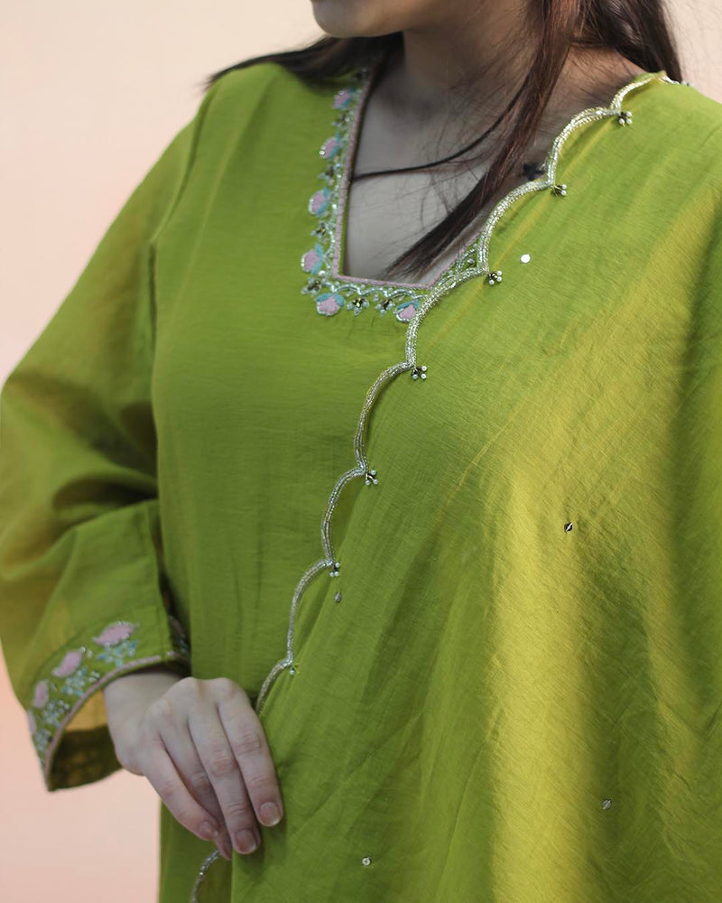 Pear Green Mul Chanderi Suit Set- Set of 3