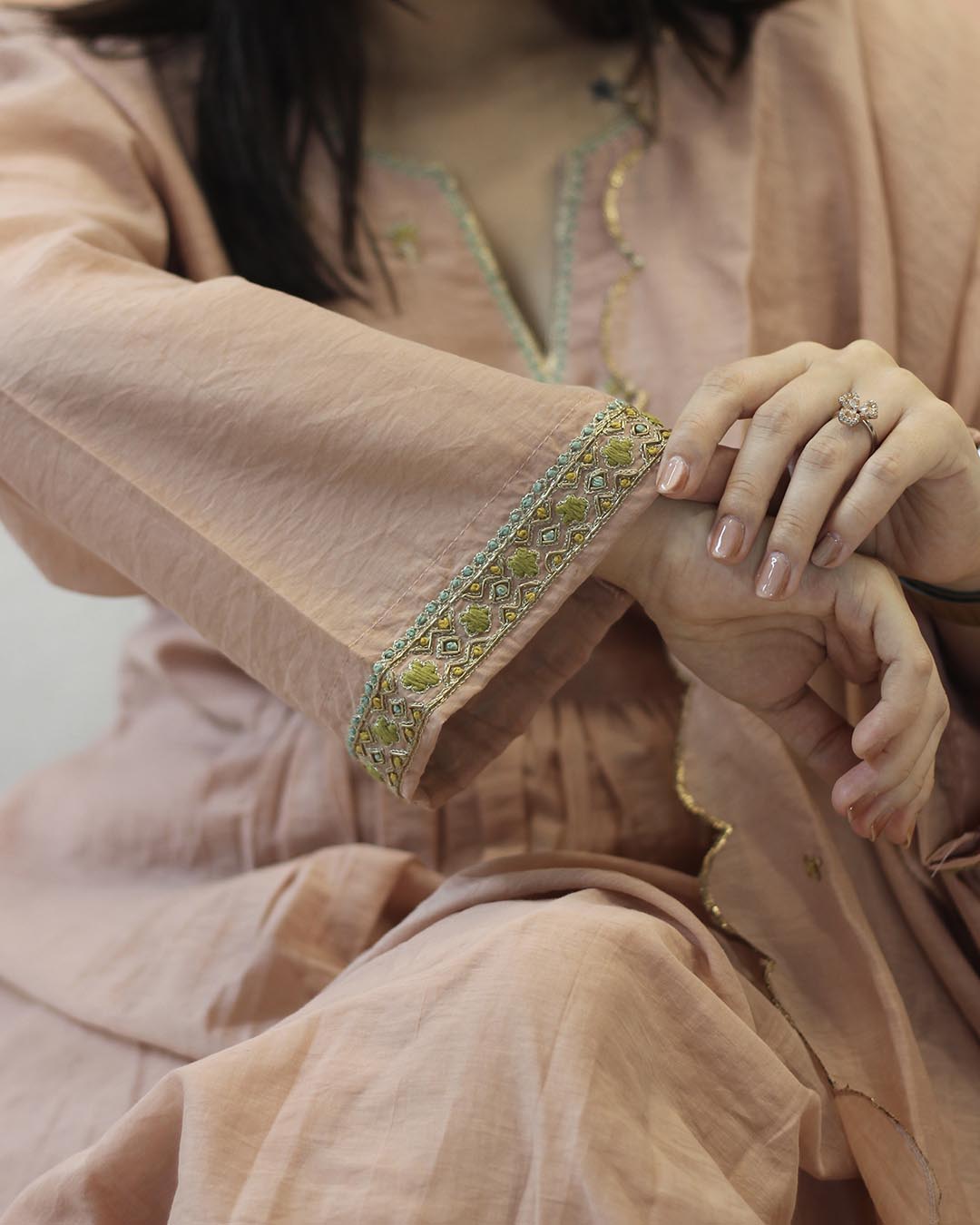 Peach Pink Mul Chanderi Suit set- Set of 3
