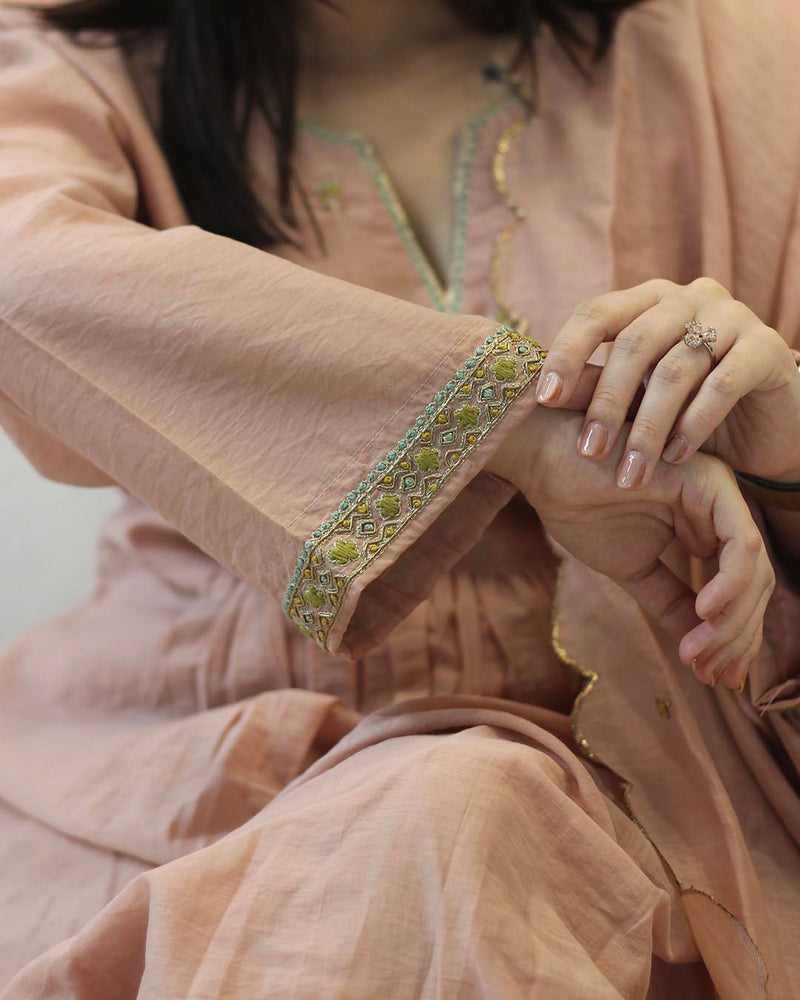 Peach Pink Mul Chanderi Suit set- Set of 3