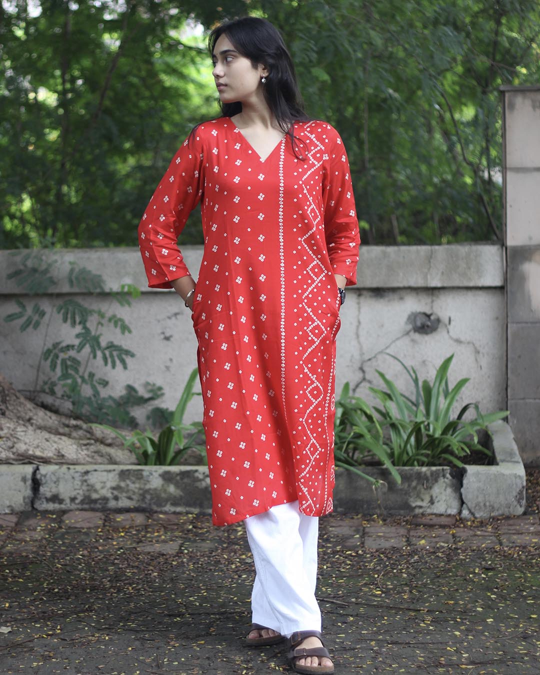 Red Printed Bandhani Kurta - with Lining