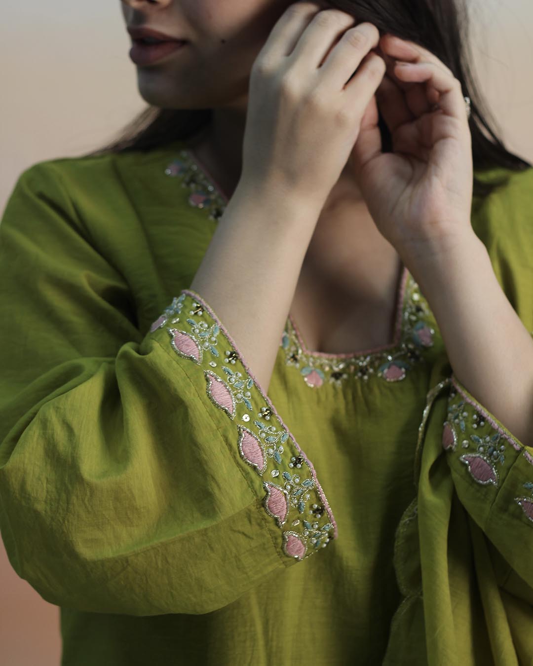 Pear Green Mul Chanderi Suit Set- Set of 3